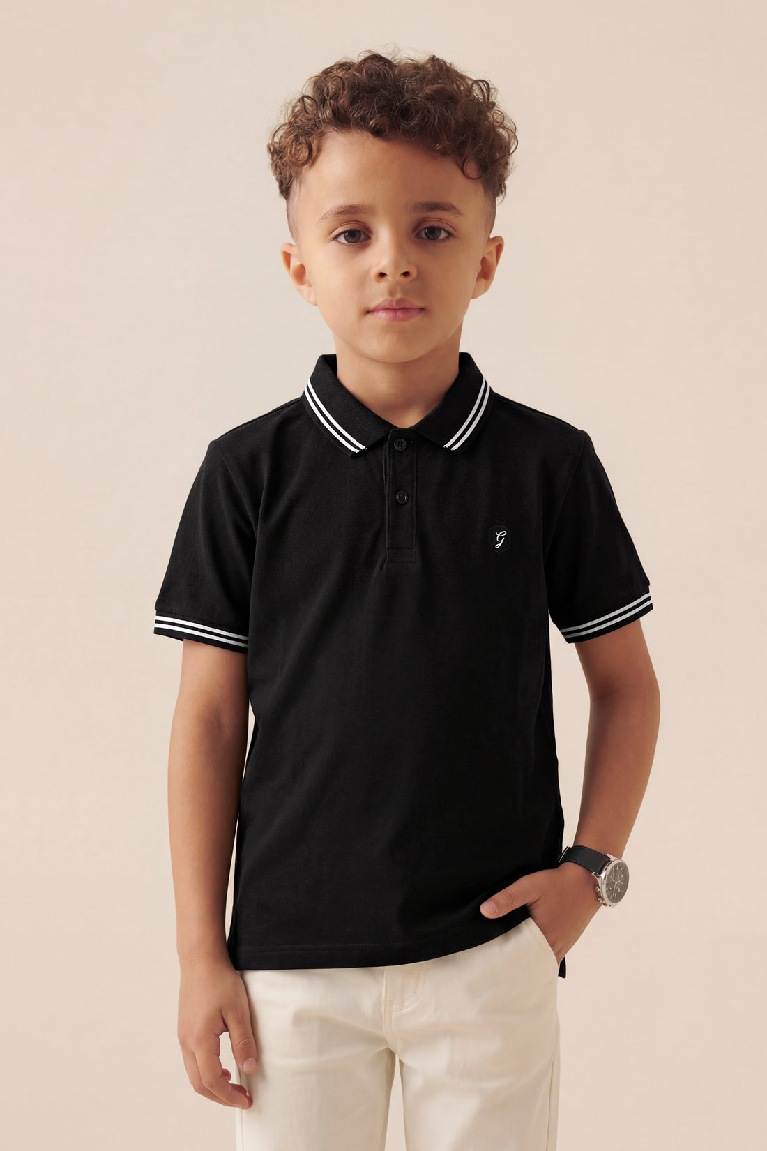 Boys' Premium Pique Polo Shirt – Classic Black with Contrast Tipping