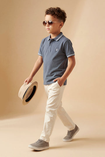 Boys' Heritage Pique Polo – Cool Grey with Sport Stripe Detail