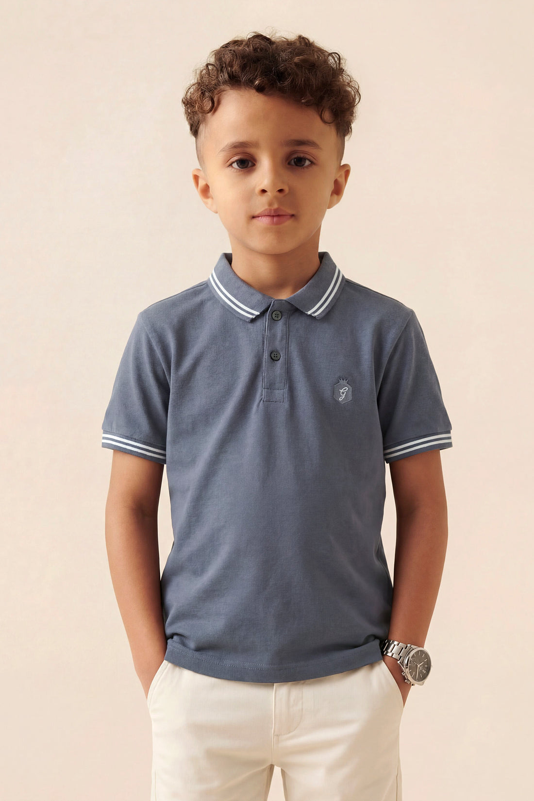 Boys' Heritage Pique Polo – Cool Grey with Sport Stripe Detail