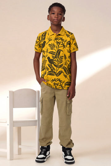 Boys' Tropical Bird Print Polo – Mustard Yellow & Jungle Foliage