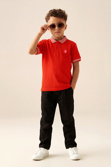 Boys' Bold Pique Polo – Signature Red with Checkered Trim