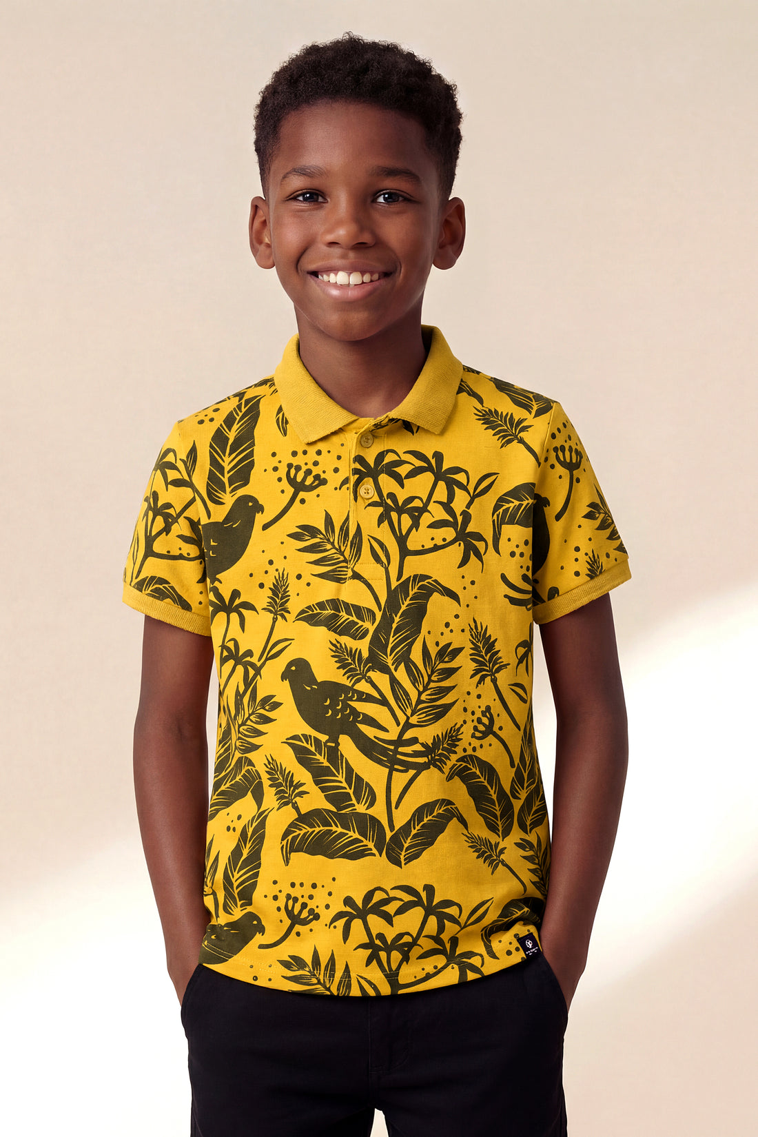Boys' Tropical Bird Print Polo – Mustard Yellow & Jungle Foliage