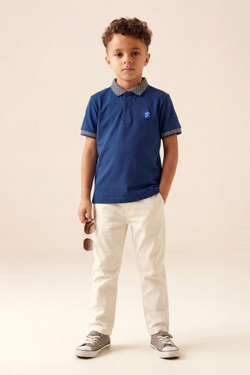 Boys' Signature Pique Polo – Royal Blue with Checkered Trim