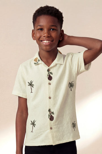 Boys’ Tropical Embroidery Short Sleeve Textured Button-Down Shirt