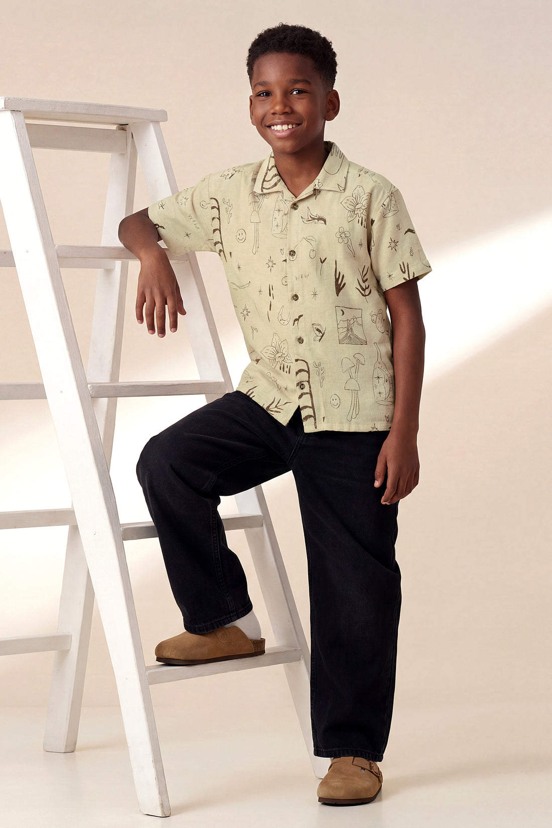 Boys’ Abstract Mountain Brown Printed Linen Resort Shirt
