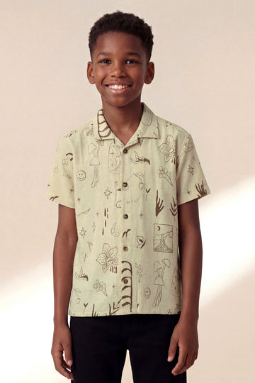 Boys’ Abstract Mountain Brown Printed Linen Resort Shirt