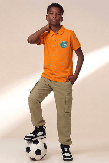 Boys' "Mountain Explorer" Graphic Polo – Burnt Orange with Grey Tone Speckle