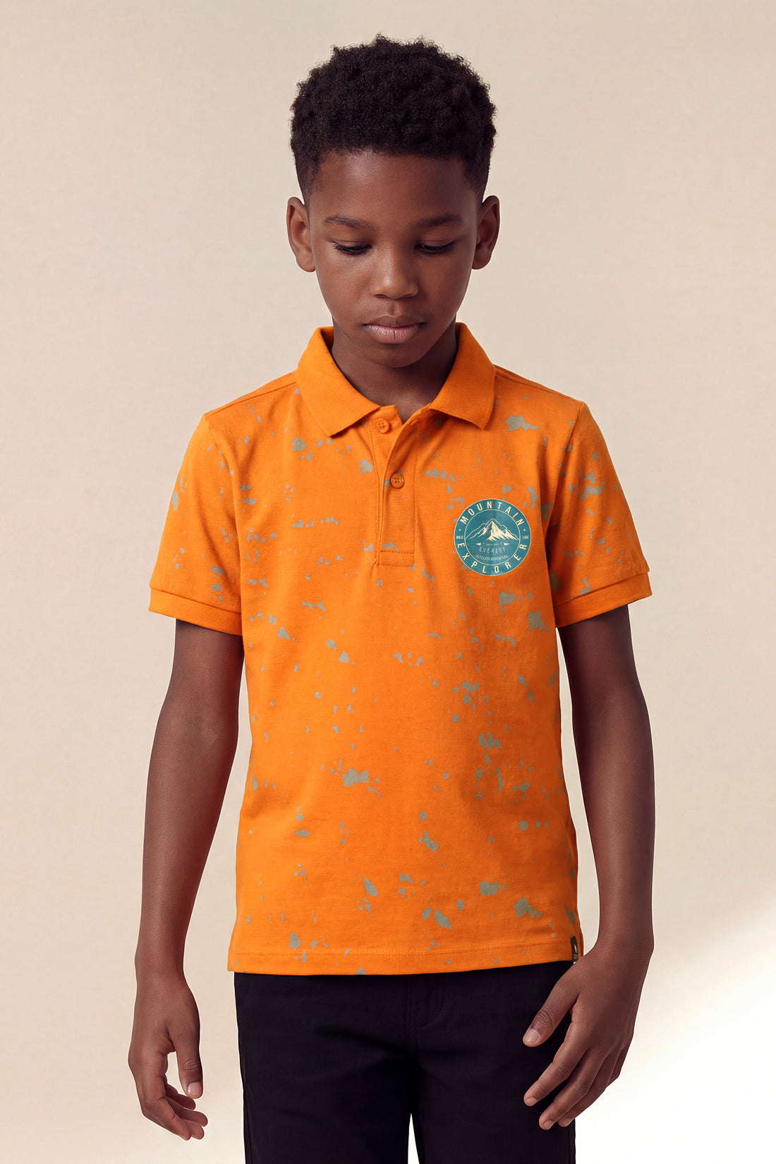 Boys' "Mountain Explorer" Graphic Polo – Burnt Orange with Grey Tone Speckle