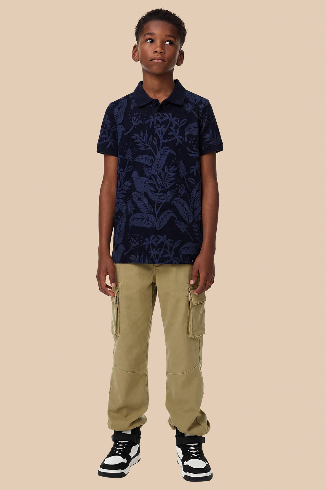 Boys' Tropical Bird Print Polo – Navy Blue & Jungle Foliage