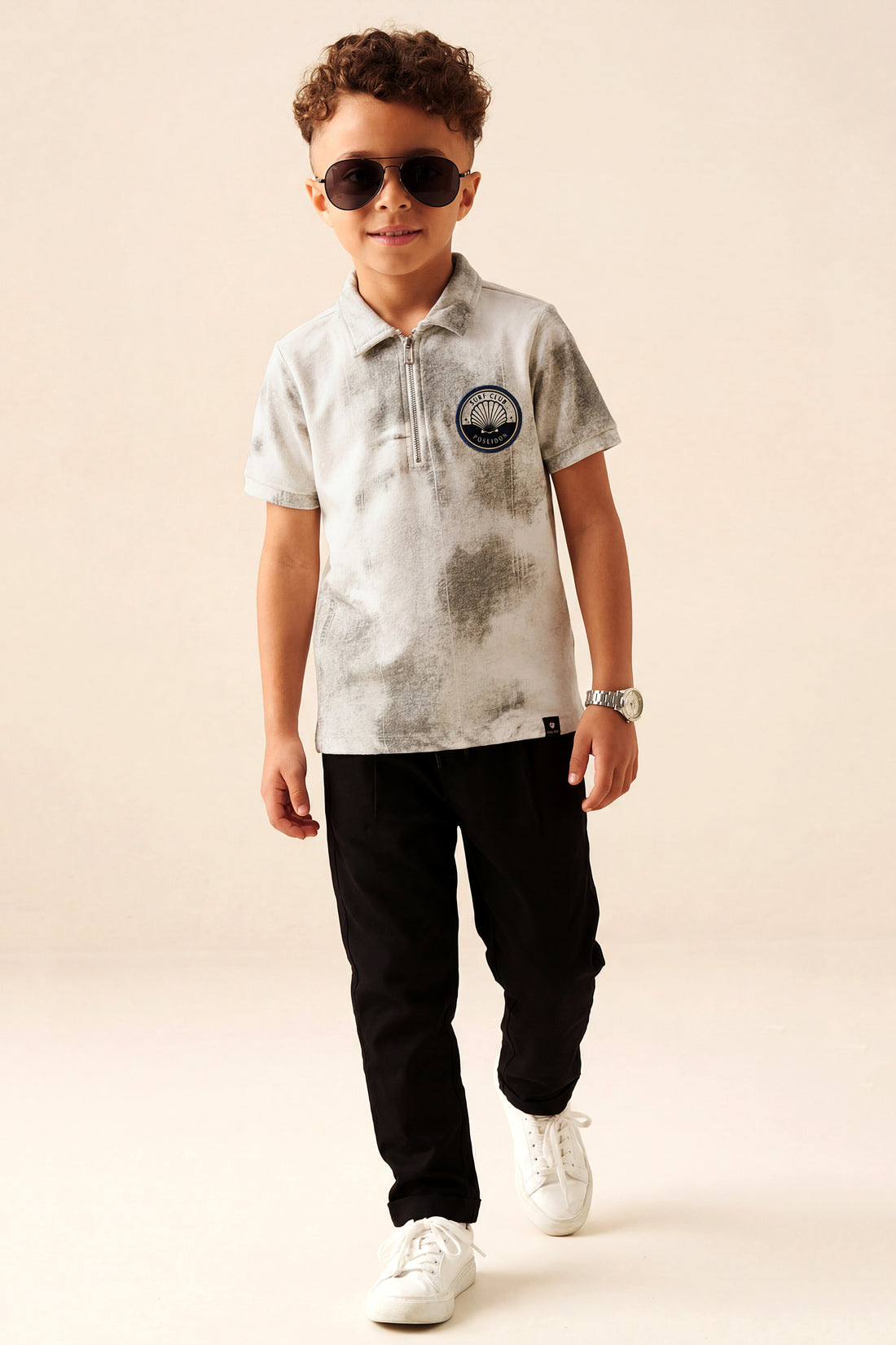 Boys' "Surf Club" Quarter-Zip Polo – Grey Cloud Wash