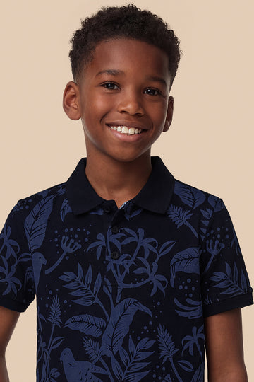 Boys' Tropical Bird Print Polo – Navy Blue & Jungle Foliage