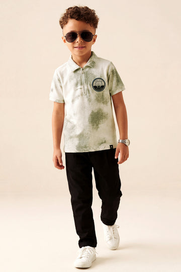 Boys' "Surf Club" Quarter-Zip Polo – Sage Green Cloud Wash