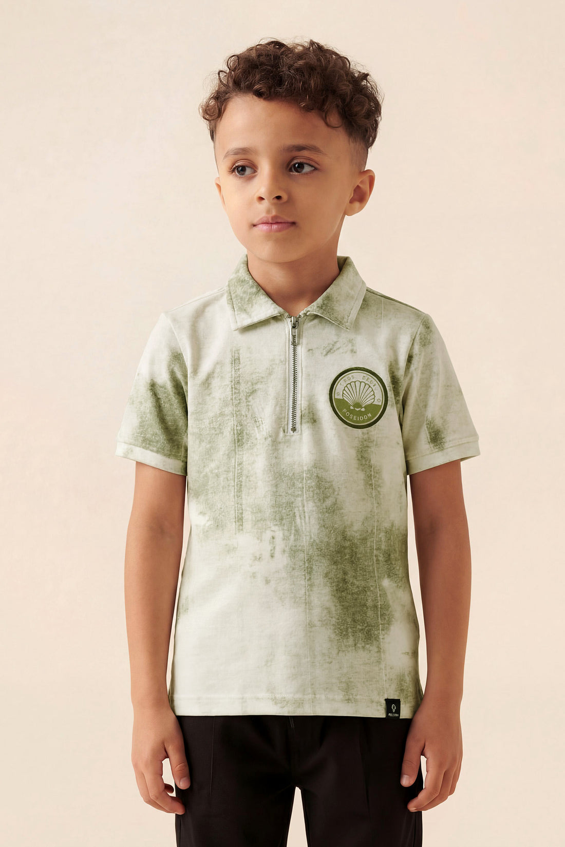 Boys' "Surf Club" Quarter-Zip Polo – Sage Green Cloud Wash