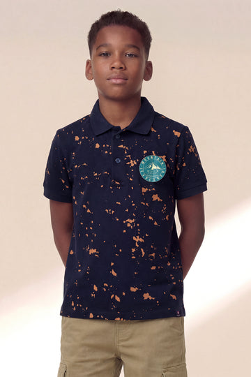 Boys' "Mountain Explorer" Graphic Polo – Navy with Earth-Tone Speckle