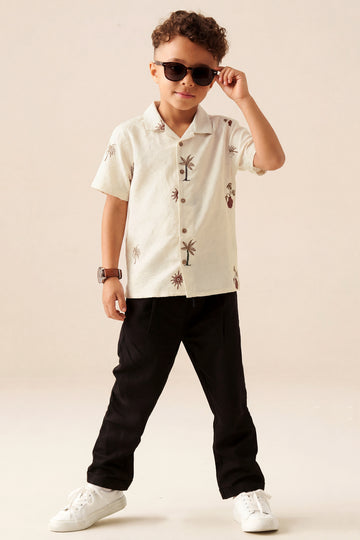 Boys' Tropical Palm Resort Shirt – Cream Textured Button-Down
