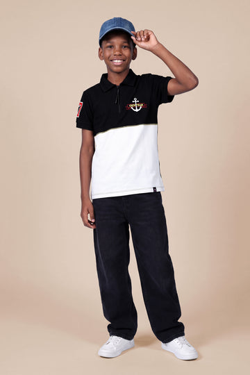 Boys' Nautical Crew Team Quarter-Zip Polo -Black & White Colorblock