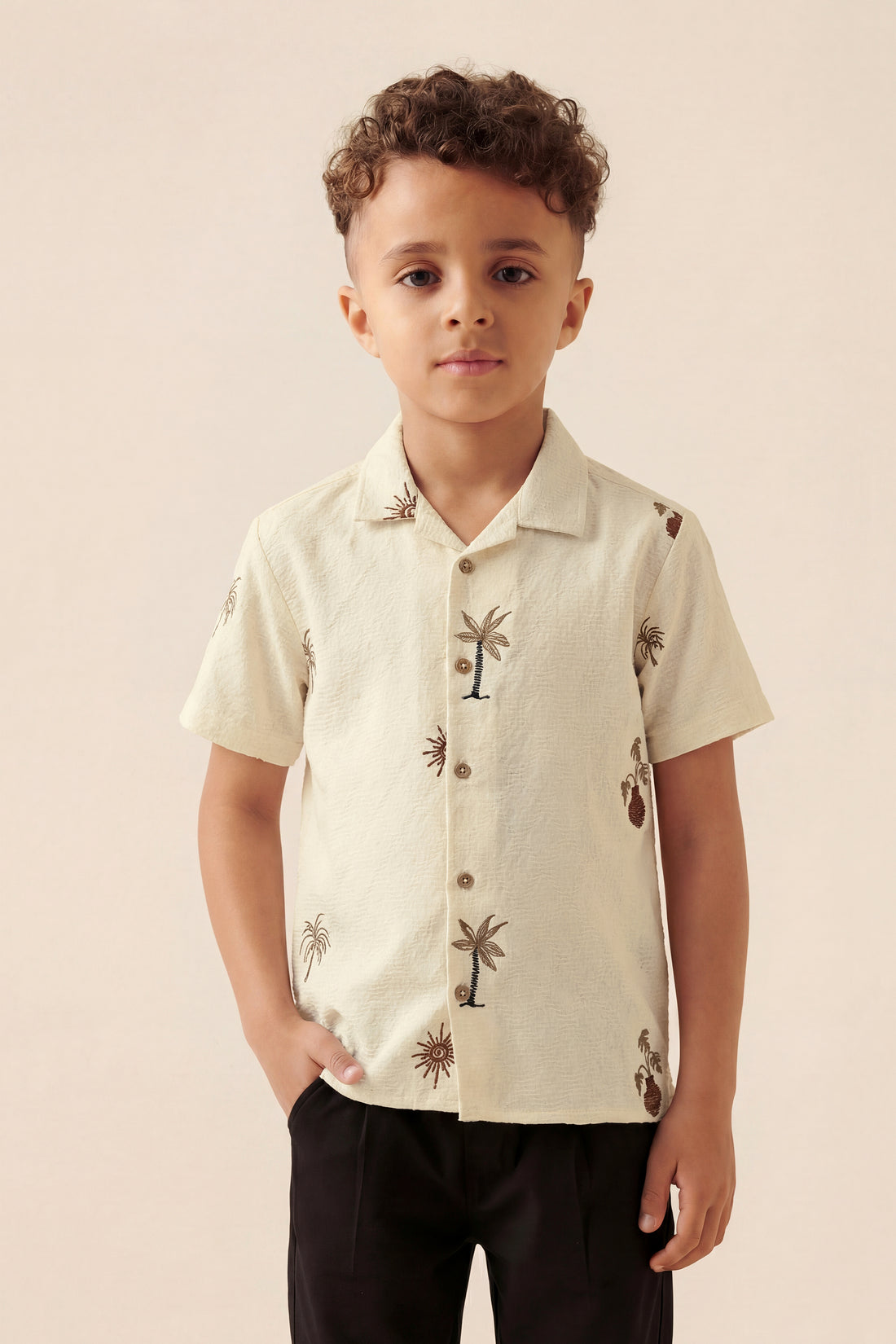 Boys' Tropical Palm Resort Shirt – Cream Textured Button-Down
