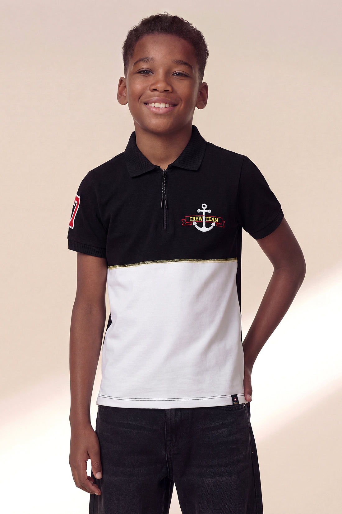 Boys' Nautical Crew Team Quarter-Zip Polo -Black & White Colorblock