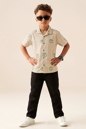 Boys' "Peace & Love" Textured Short Sleeve Shirt – Oatmeal & Sage