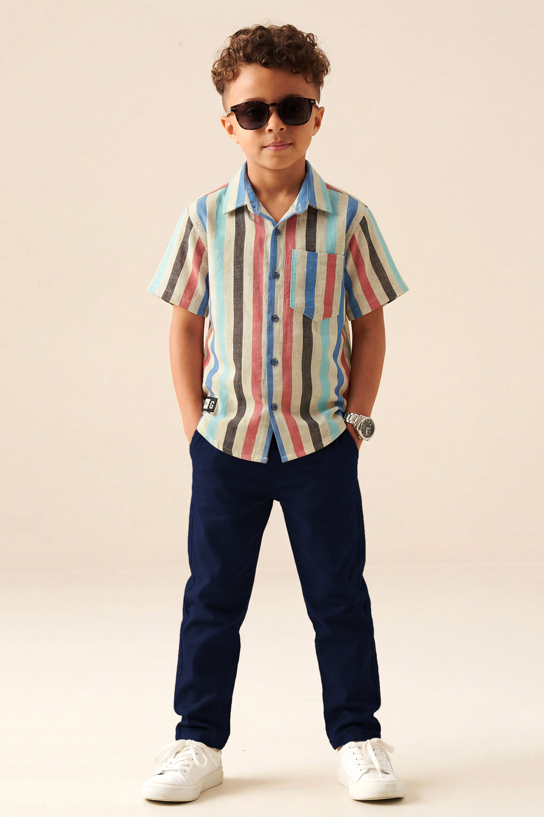 Boys' Retro Multi-Stripe Button-Down Shirt – Sky Blue, Coral & Charcoal