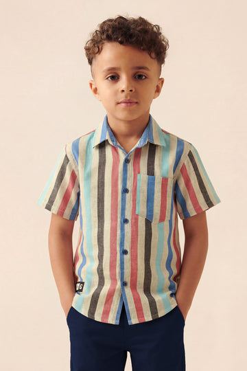 Boys' Retro Multi-Stripe Button-Down Shirt – Sky Blue, Coral & Charcoal
