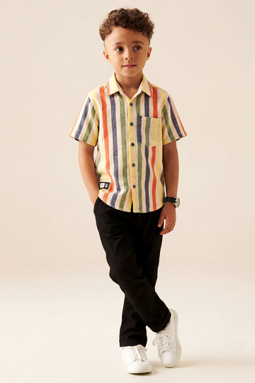 Boys' "Sunshine Stripe" Short Sleeve Button-Down – Multi-Color Linen Blend