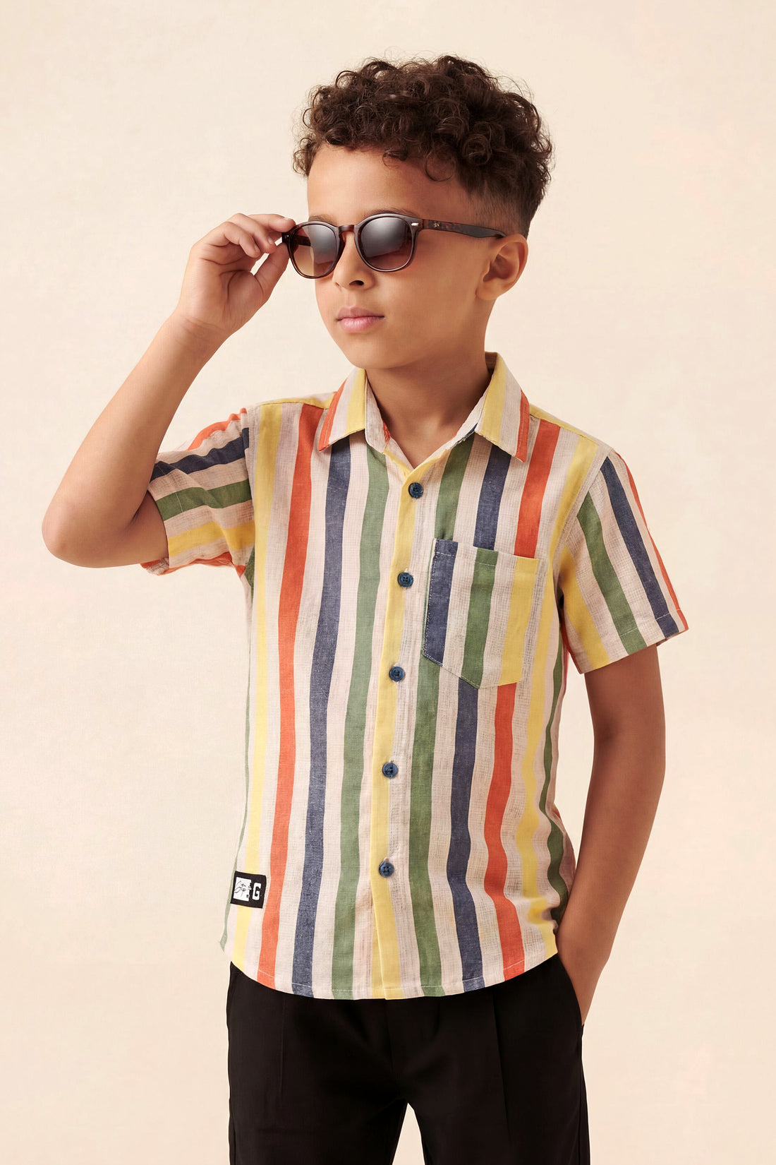 Boys' "Sunshine Stripe" Short Sleeve Button-Down – Multi-Color Linen Blend