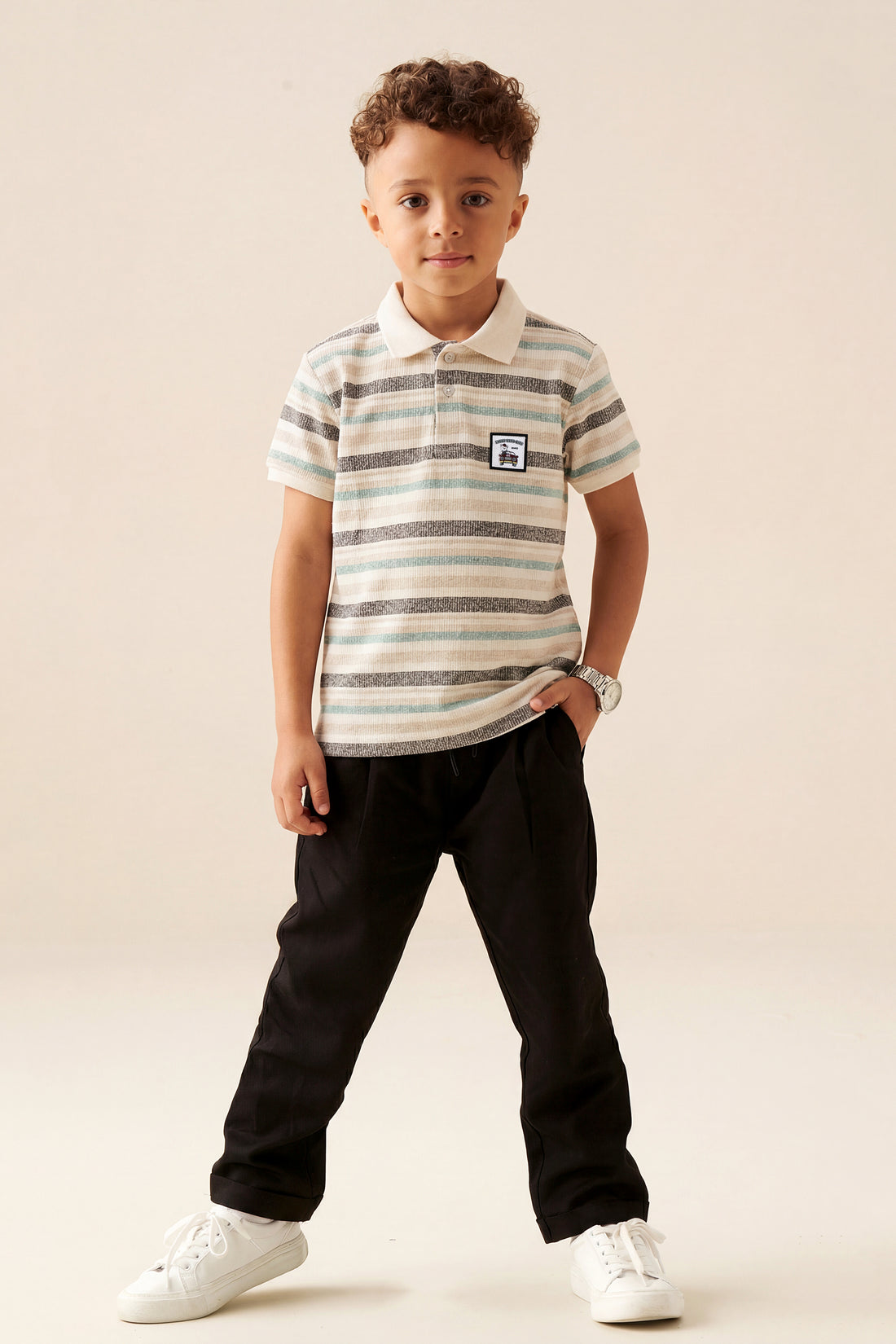 Boys' Multi-Stripe Texture Knit Polo Shirt – Cream & Sage