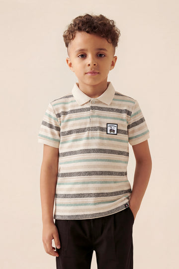 Boys' Multi-Stripe Texture Knit Polo Shirt – Cream & Sage