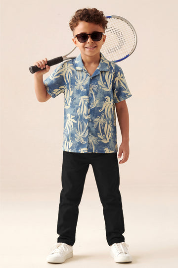 Boys' Blue Tropical Palm Print Short Sleeve Button-Down Shirt
