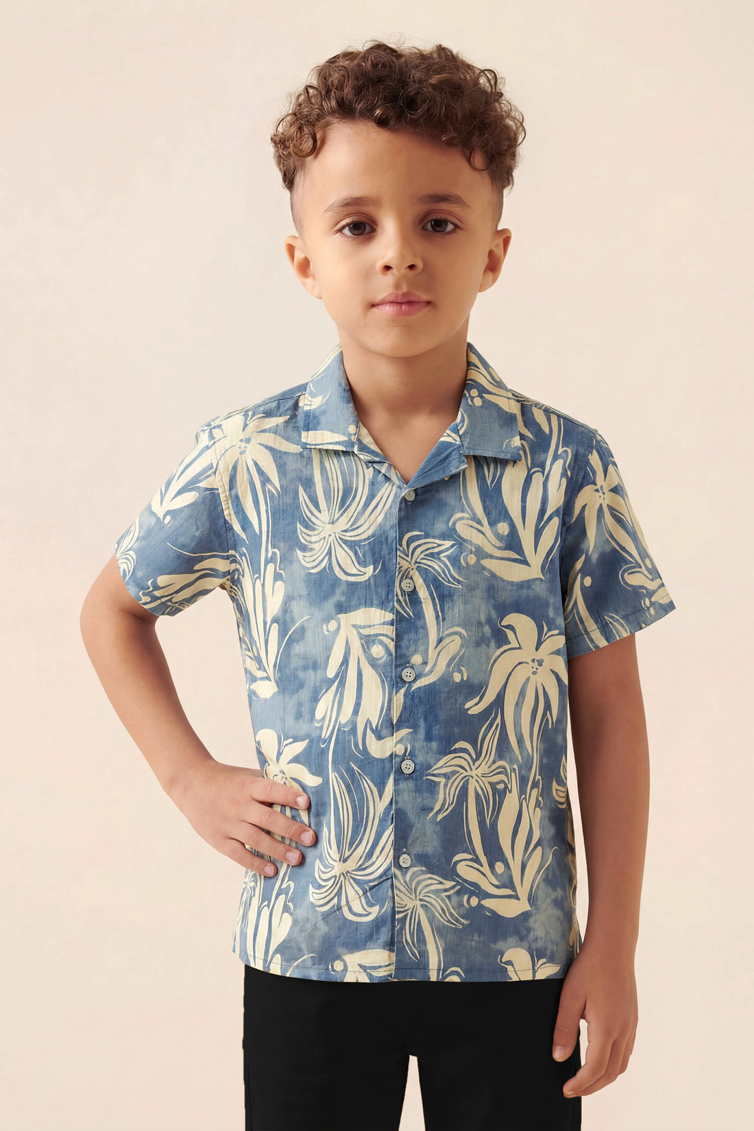 Boys' Blue Tropical Palm Print Short Sleeve Button-Down Shirt
