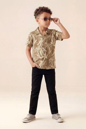 Boys Brown Tropical palm print short sleeve Button_Down Shirt