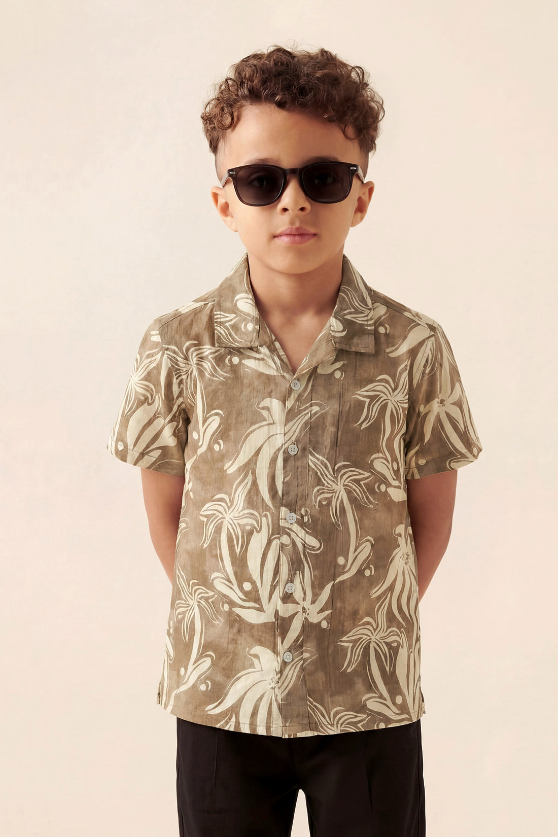 Boys Brown Tropical palm print short sleeve Button_Down Shirt
