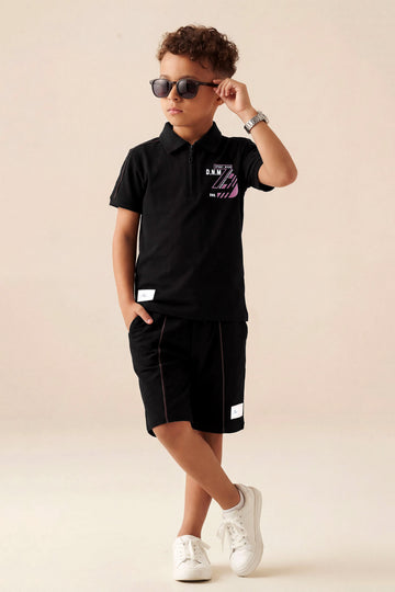 Boys' Urban Active Quarter-Zip Set – Stealth Black & Neon Pink