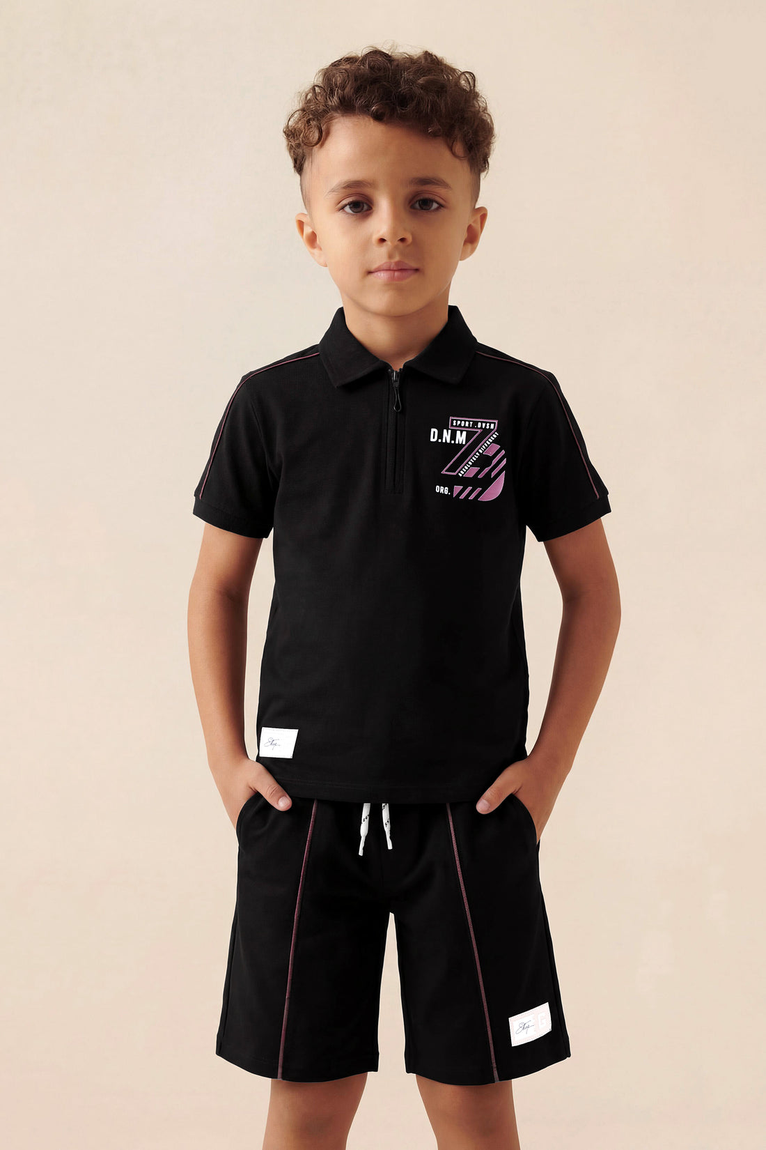 Boys' Urban Active Quarter-Zip Set – Stealth Black & Neon Pink